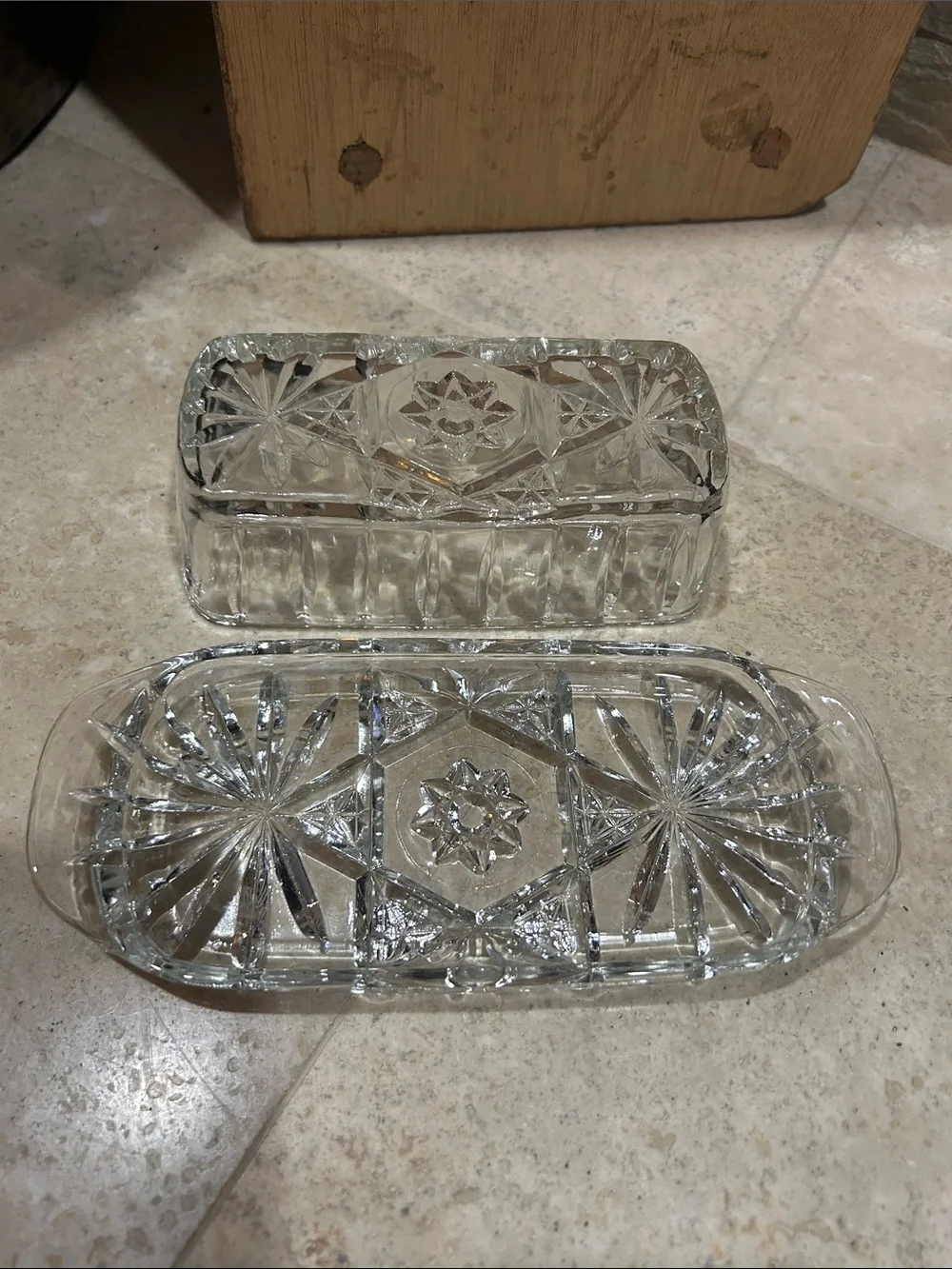 vintage Anchor Hocking (EAPC) Star of David clear glass covered butter dish